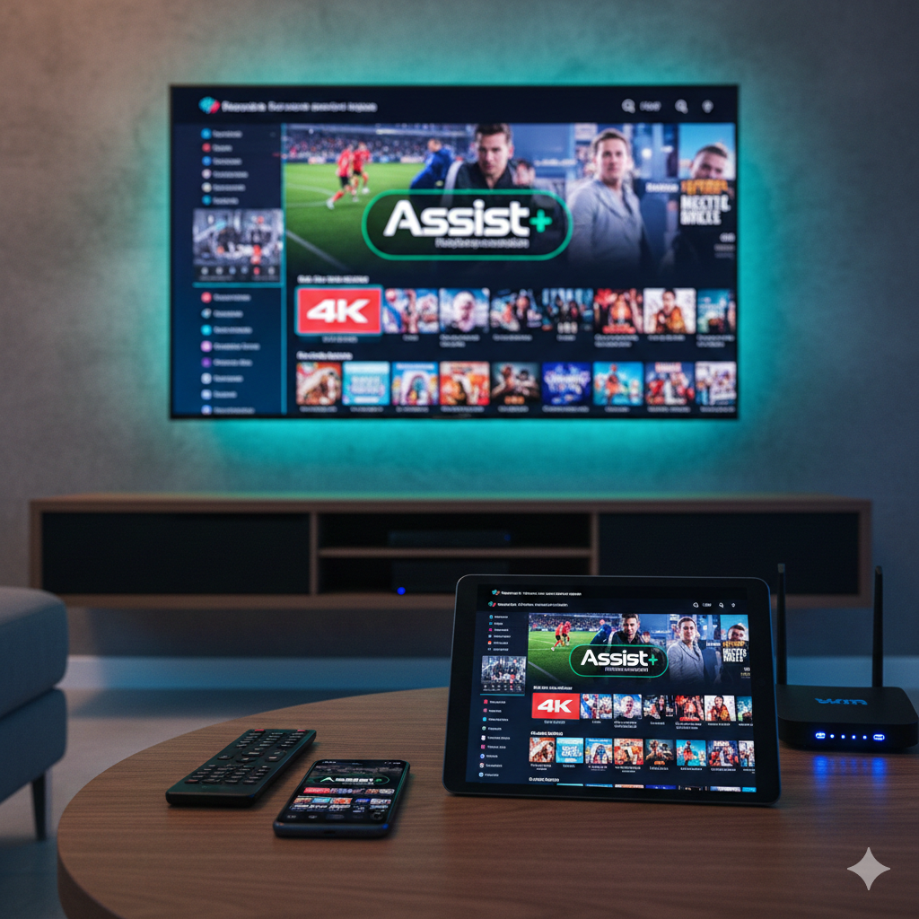 Interface do serviço IPTV Assist+ exibindo canais em 4K em uma Smart TV e tablet simultaneamente.