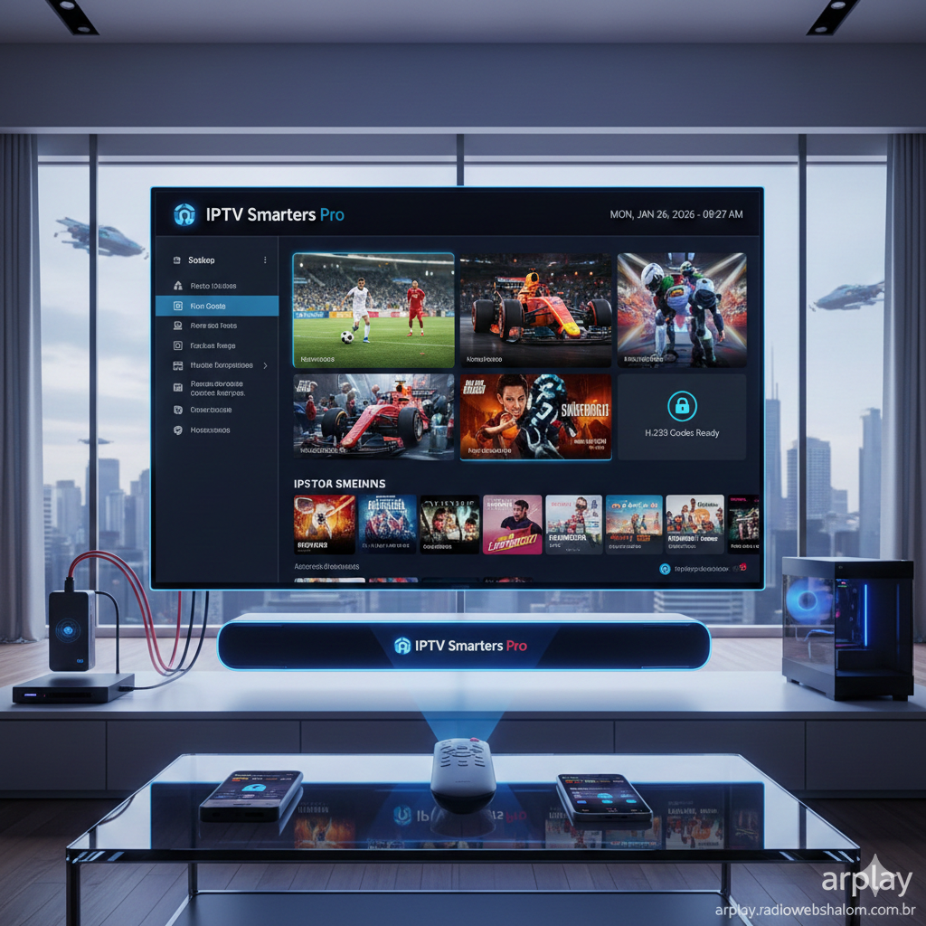Interface do aplicativo IPTV Smarters Pro em uma Smart TV 4K e dispositivos móveis.