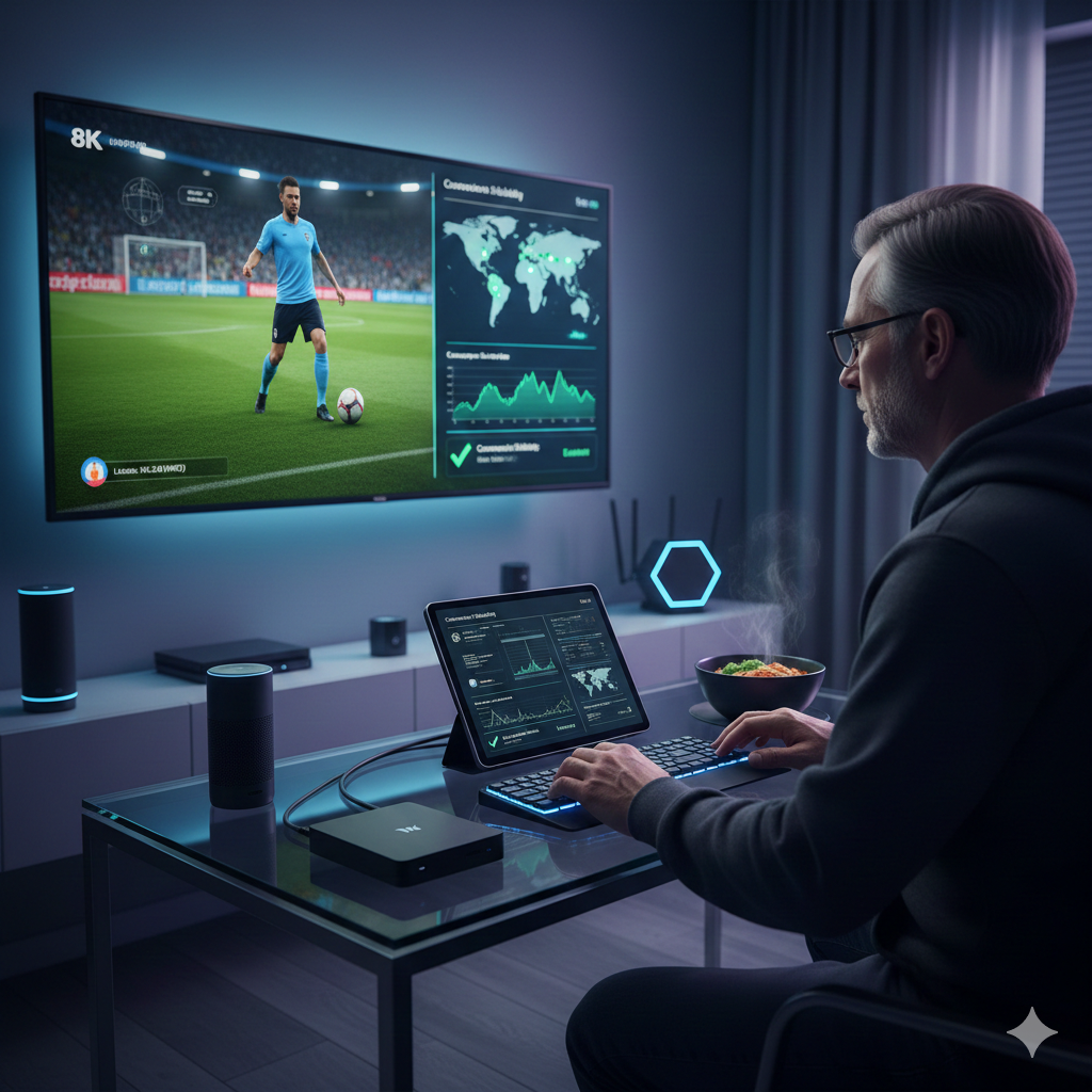 "Analista técnico realizando teste de IPTV em monitor 8K com gráficos de desempenho e estabilidade de conexão."