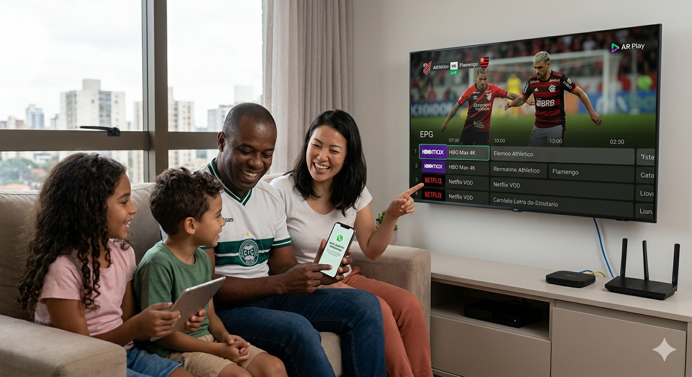 Família brasileira assistindo futebol em 4K no Smart TV após ativar teste gratuito de IPTV