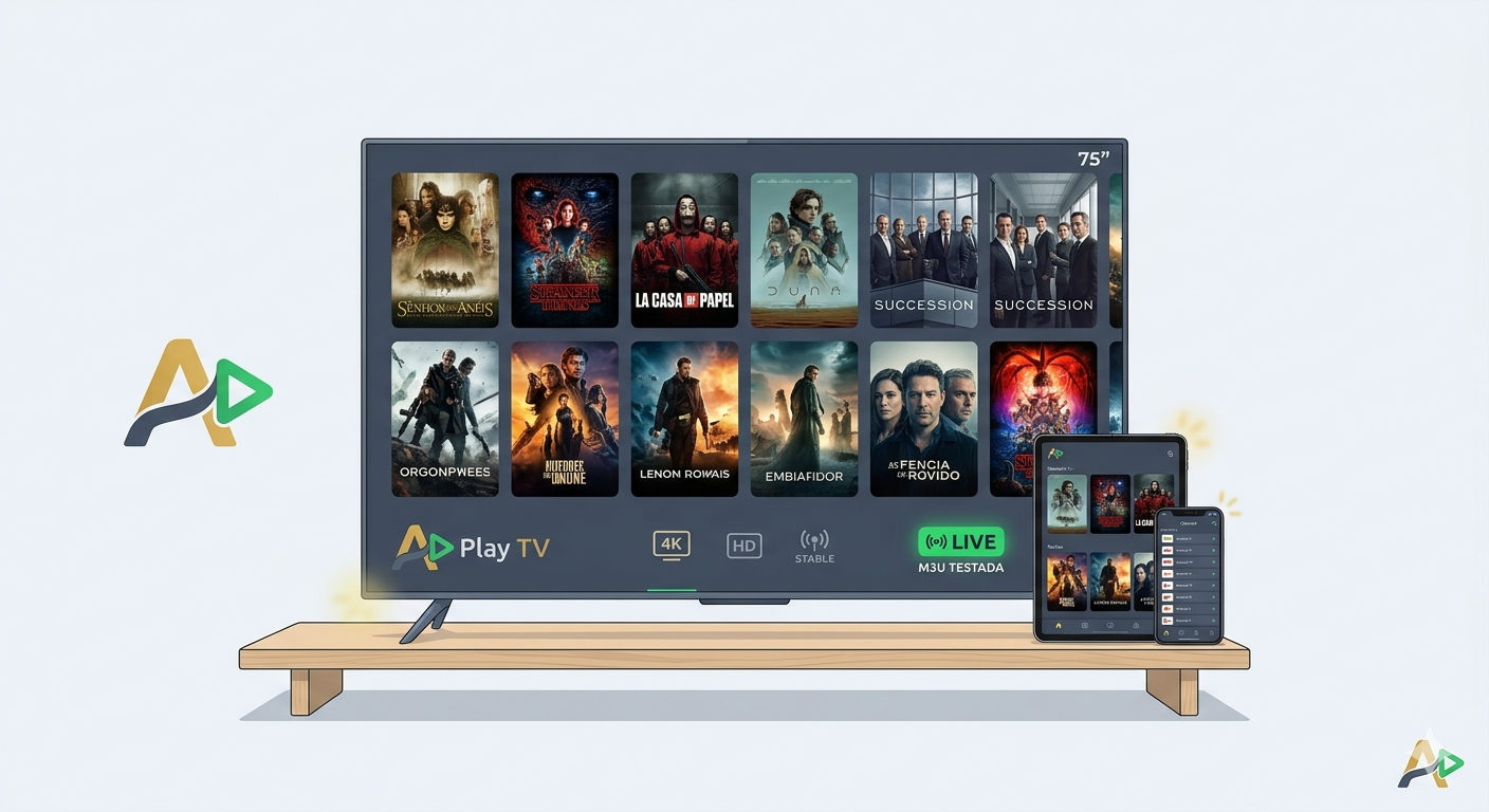 Casal sorridente sentado no sofá da sala assistia a uma partida de futebol ao vivo em uma Smart TV moderna com a interface do AR Play. O homem veste camisa azul e segura o controle remoto, enquanto a mulher segura um celular exibindo uma conversa de suporte no WhatsApp.